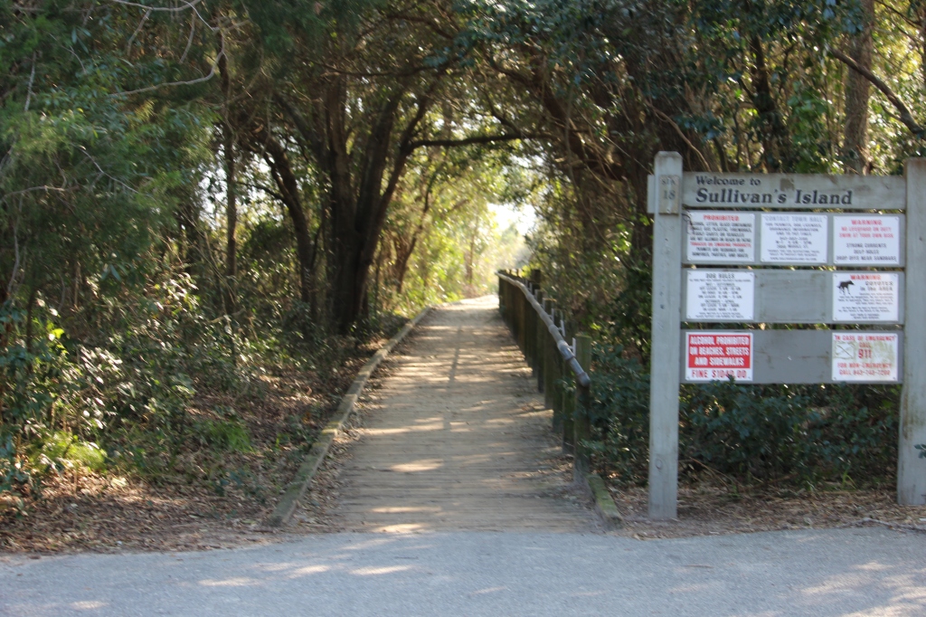 View of the boardwalk in the middle of trees with a welcome sign on the right hand side.